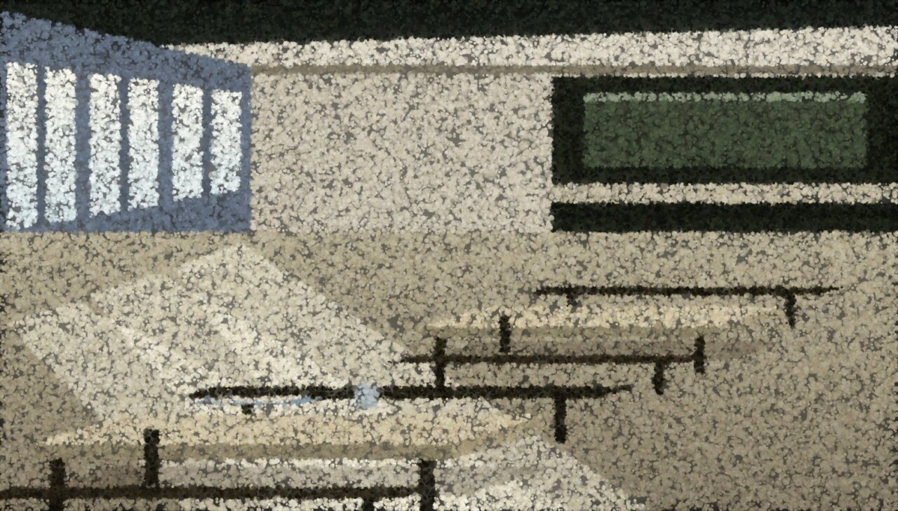 An empty school canteen with a window wall, long tables and benches, and a dark serving counter.