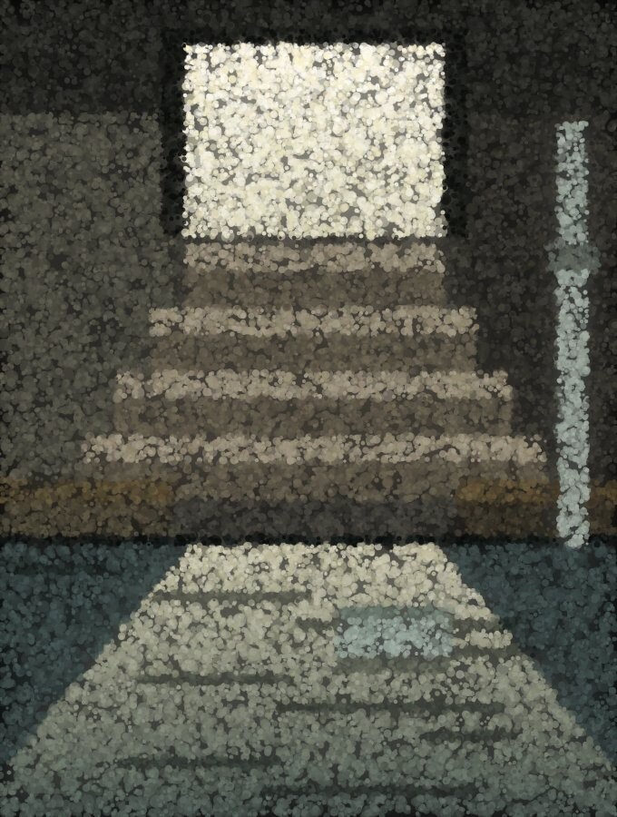 Stairs leading down from a bright doorway into water standing in a basement, with a stain on the wall above the line.