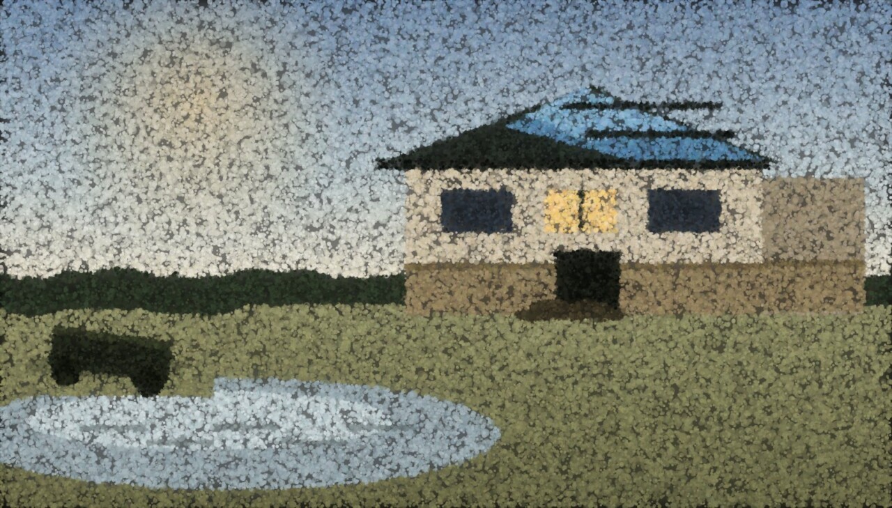 A house after a flood, half its roof covered by a tarpaulin, sandbags at the door and standing water in the field.