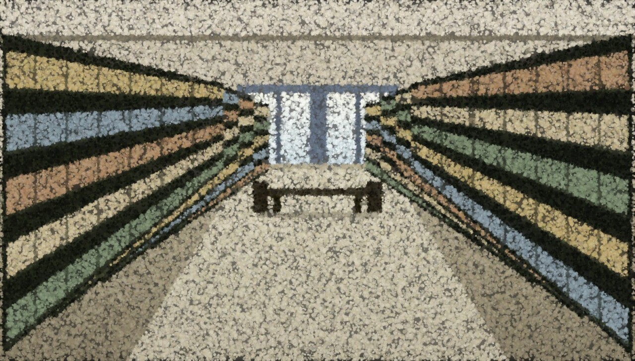Rows of tall bookshelves receding toward a bright window at the end of a reading room, with a small table between them.