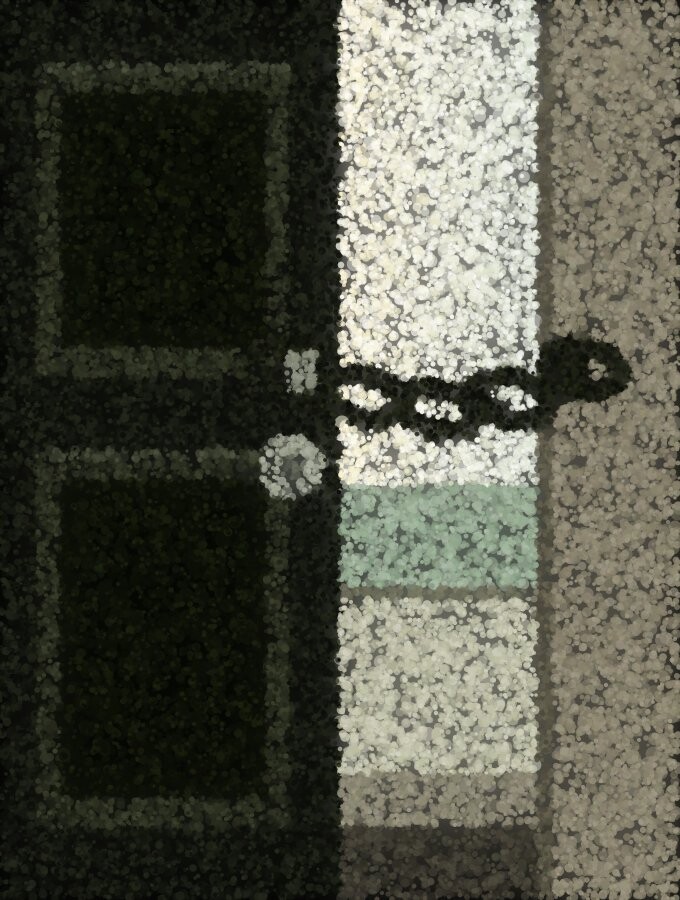 A dark front door opened a few inches, held by a heavy chain, with daylight and a path visible through the gap.