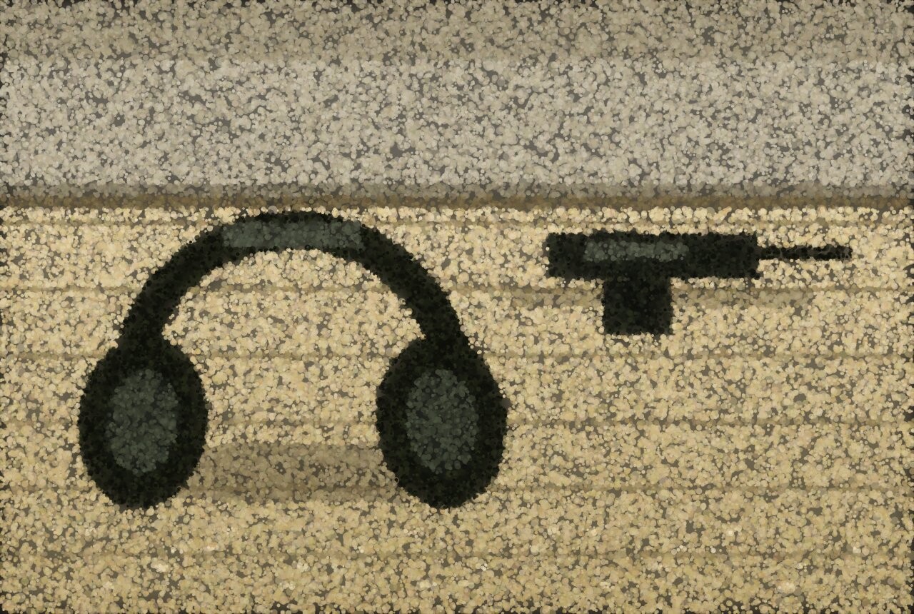 A pair of ear defenders lying on a bright wooden workbench beside a drill, with sawdust scattered around them.