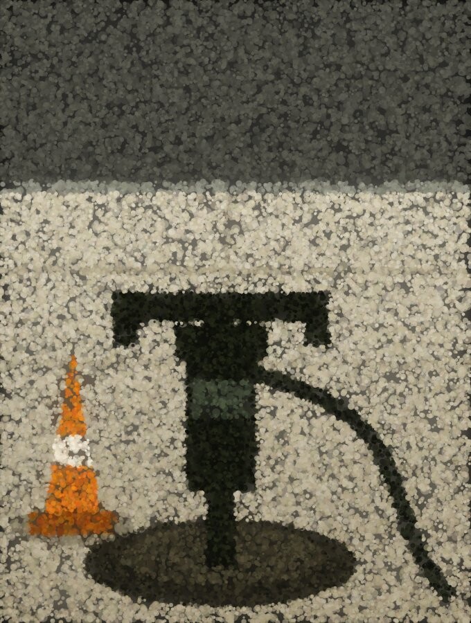 A pneumatic road breaker standing upright on a broken pavement slab, its hose curling away, a traffic cone beside it.