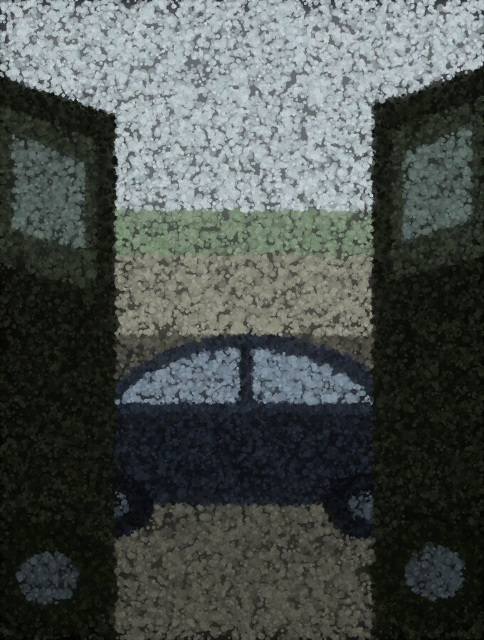 The narrow gap between two parked cars at a small child height, with a car passing across the road beyond.