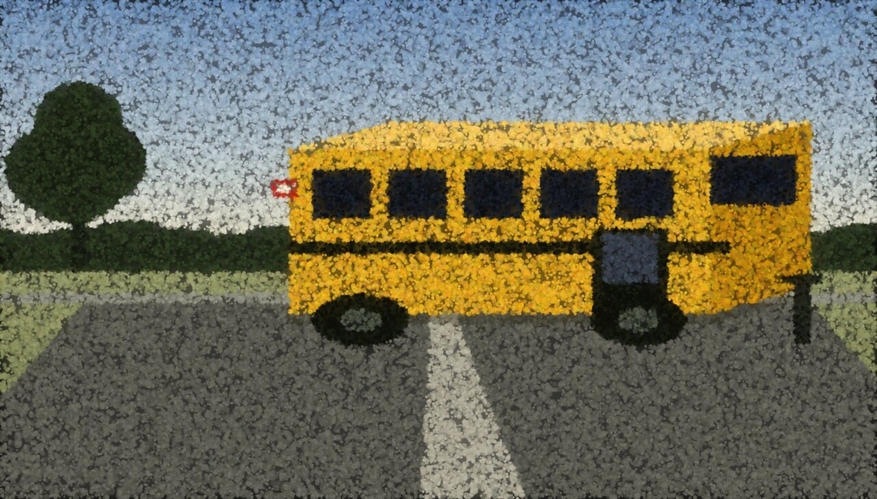 A yellow school bus stopped on a quiet road with its stop arm out, a tree and hedgerow behind it.