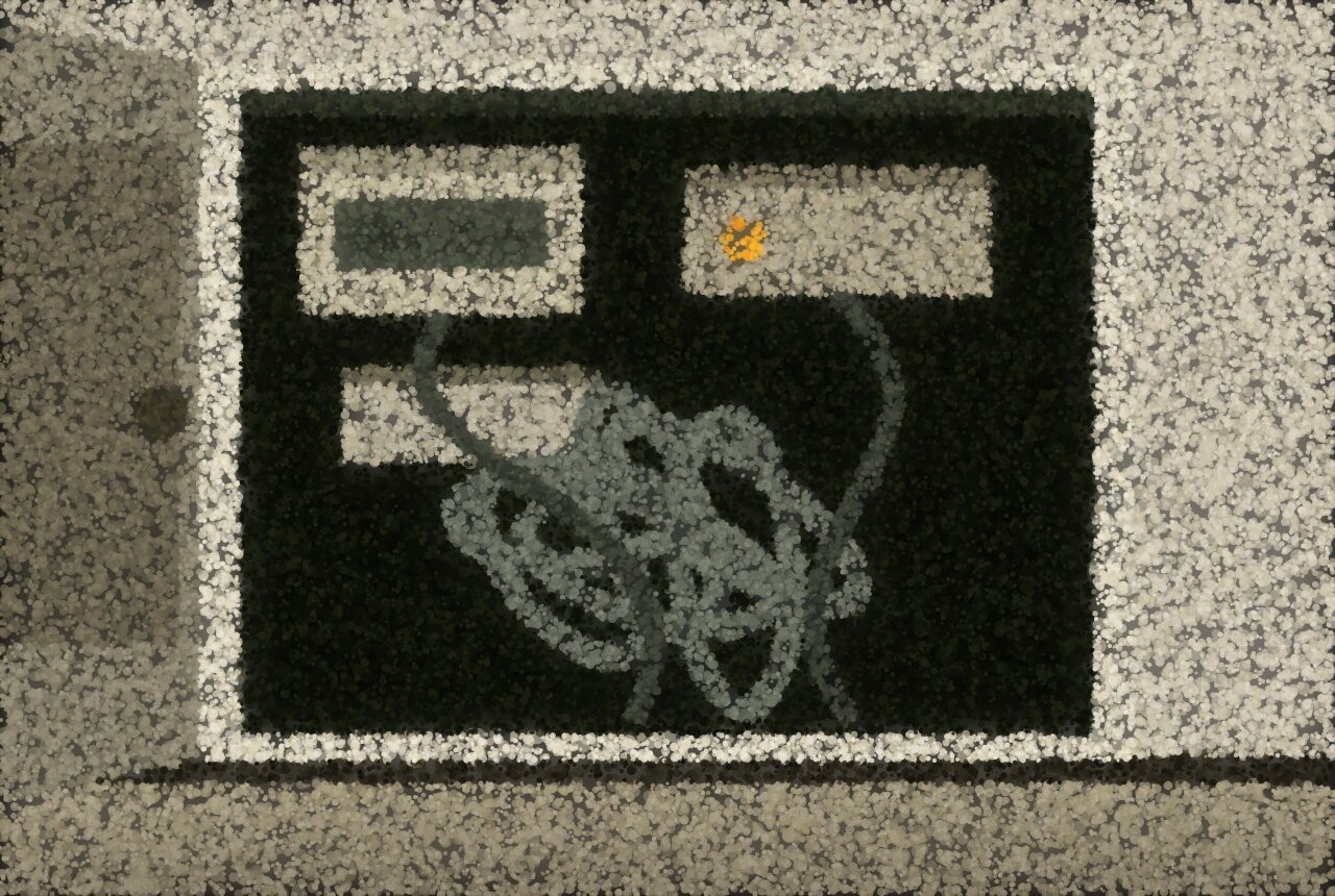 An open cupboard door showing pale boxes mounted inside a dark recess, with a knot of cable looped below them.