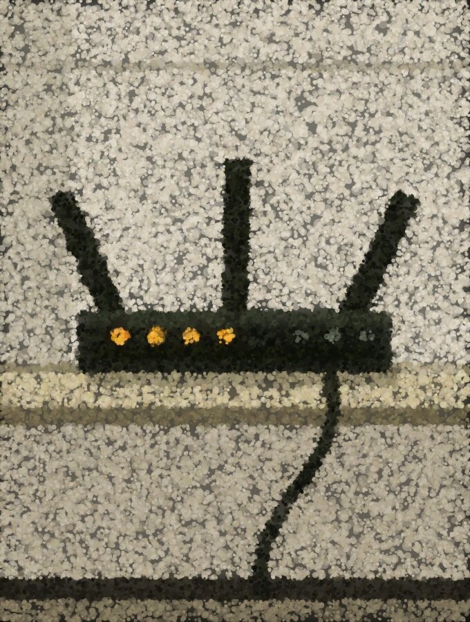 An old router sitting on a shelf with three antennas raised, its indicator lights on and a cable hanging loose beneath it.