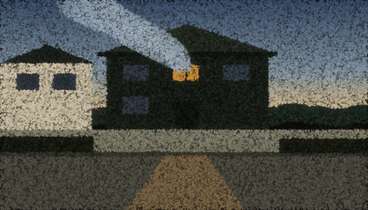 A house at dusk with one upstairs window glowing and smoke drifting out and along the roofline toward the neighbouring wall.