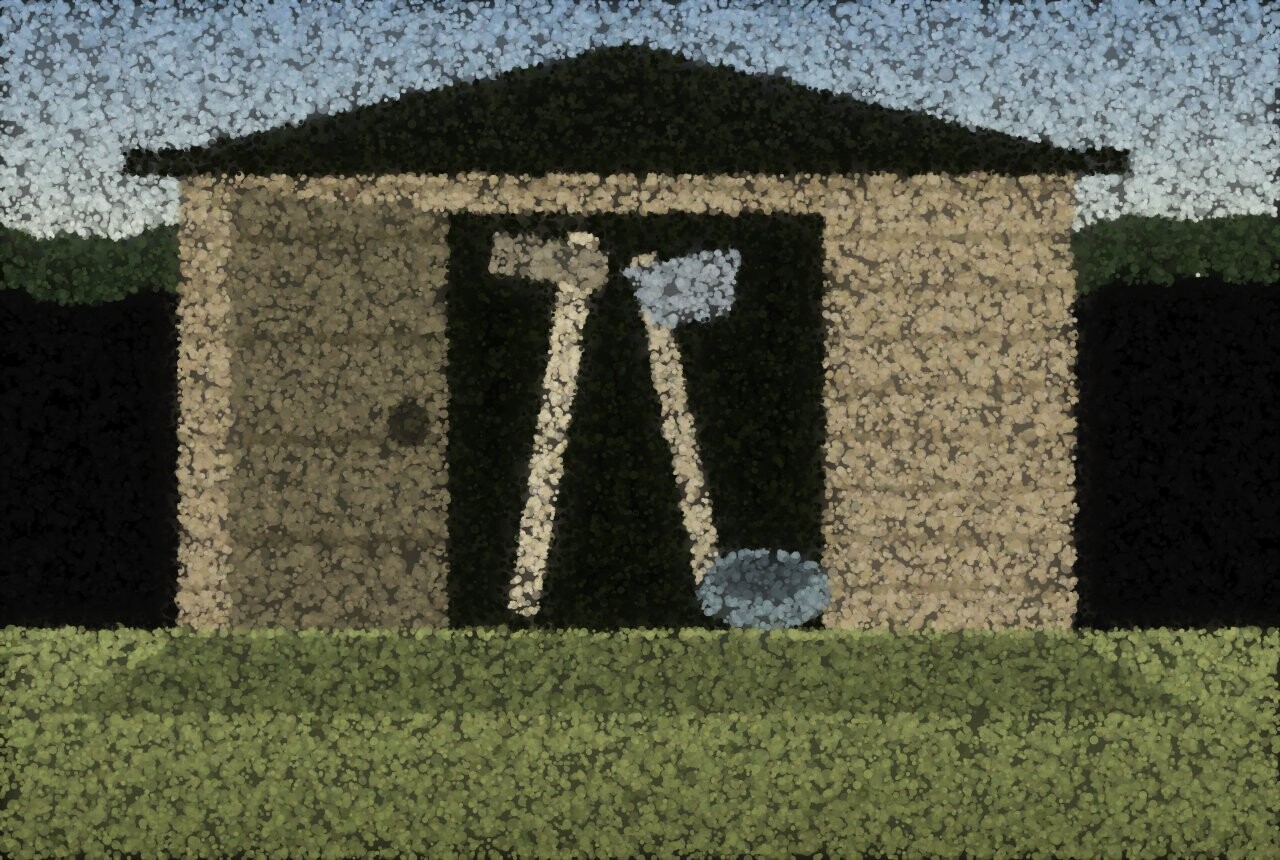 A garden shed with its door standing open, tools and a wheelbarrow visible inside, on a grass lawn.