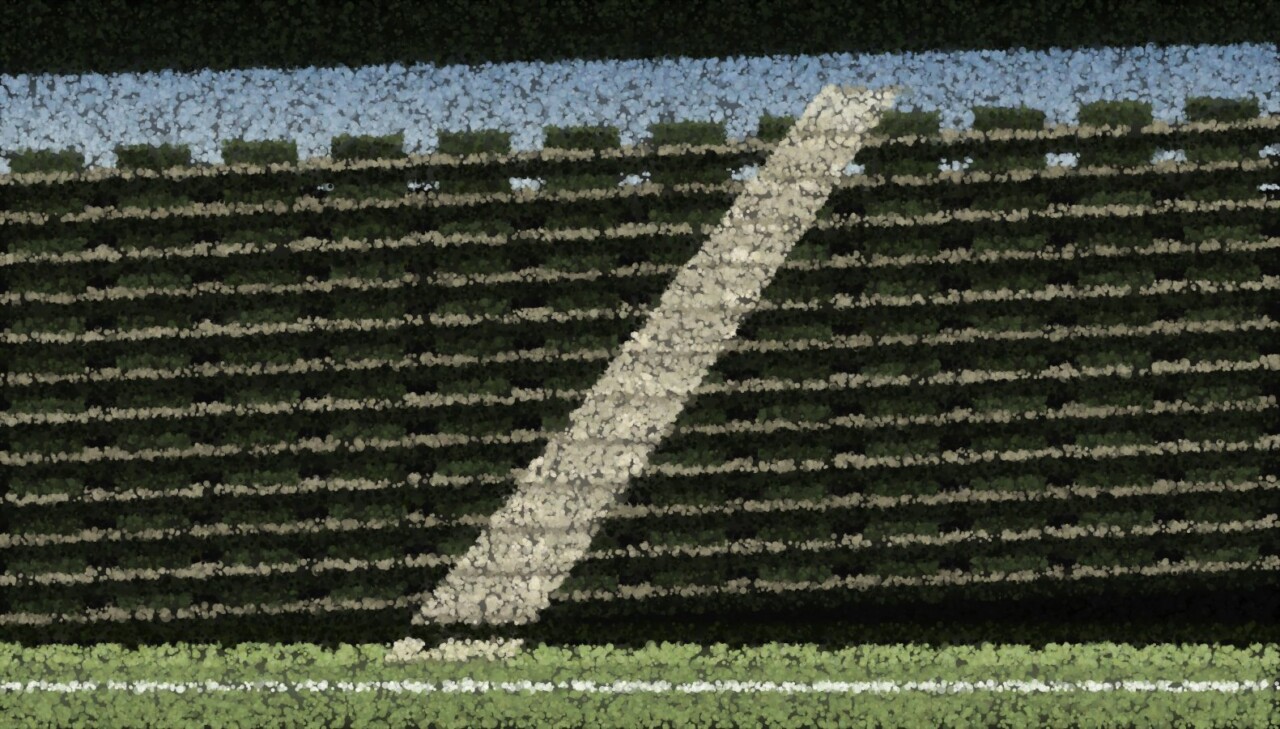 Rows of empty seats rising in a stadium terrace, a stairway cutting up through them to the back.