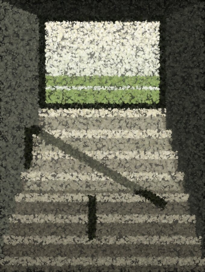A narrow tunnel with steps rising toward a bright opening at the top, the walls closing in on both sides.