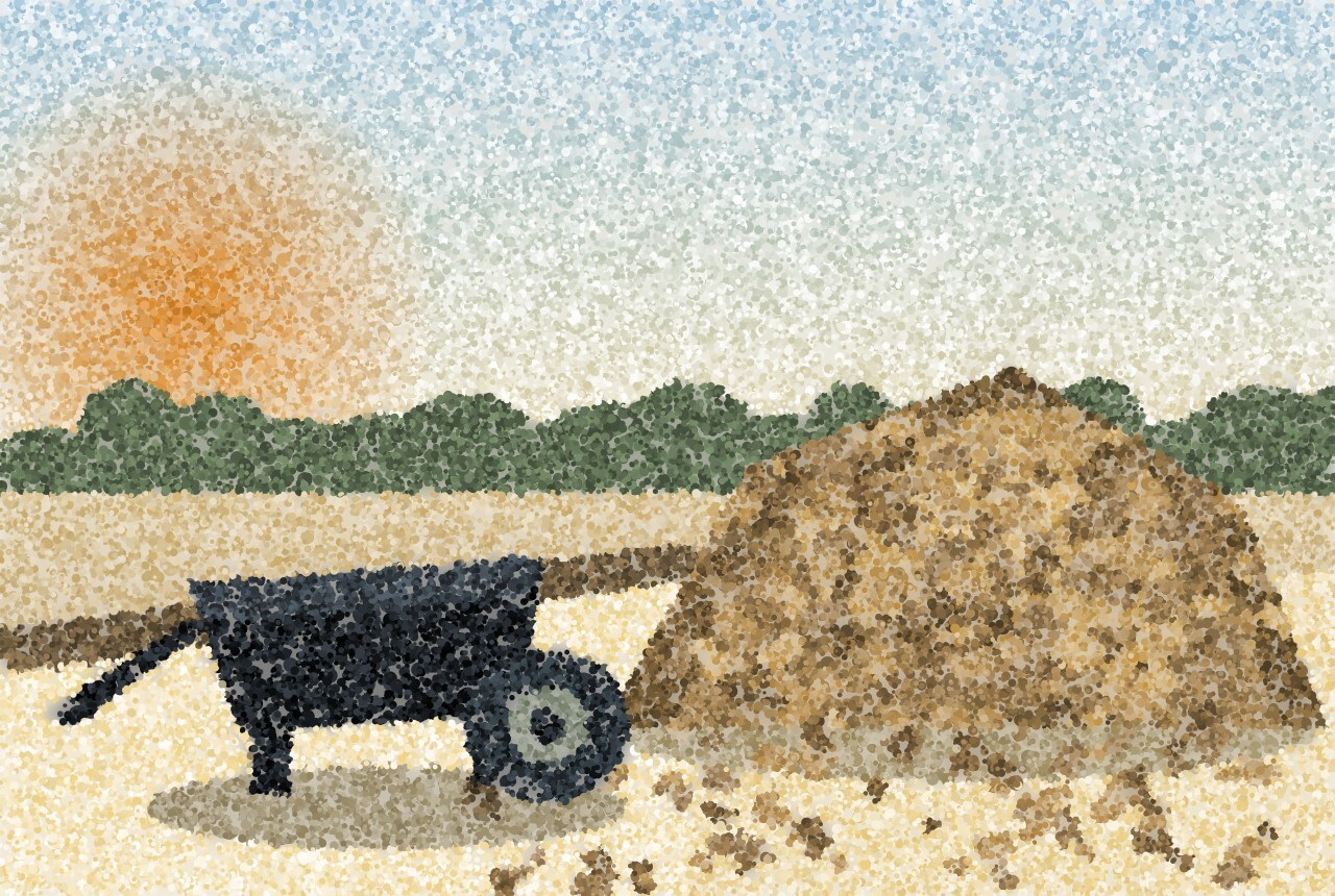 A wheelbarrow standing on pale surfacing beside a heap of bark chips, the timber edging of the play area running behind.