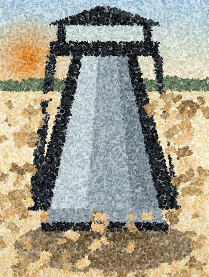A slide seen straight on from the bottom, its side rails dark against the sky, the ground beneath the run-out worn into a hollow.
