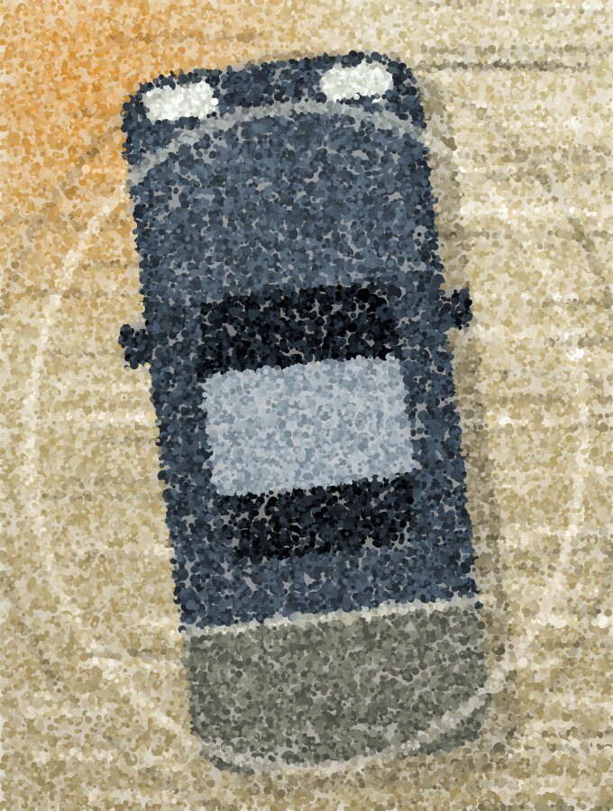 A car seen from directly above standing in brown floodwater, the water lying over its rear and a wake ring spreading around it.