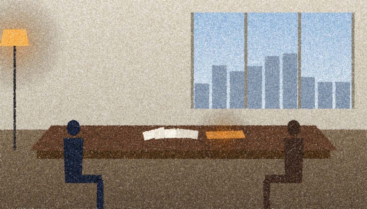 A pointillist illustration: a meeting room with two people seated at either end of a long desk, brochures and an amber folder between them, a city window behind.