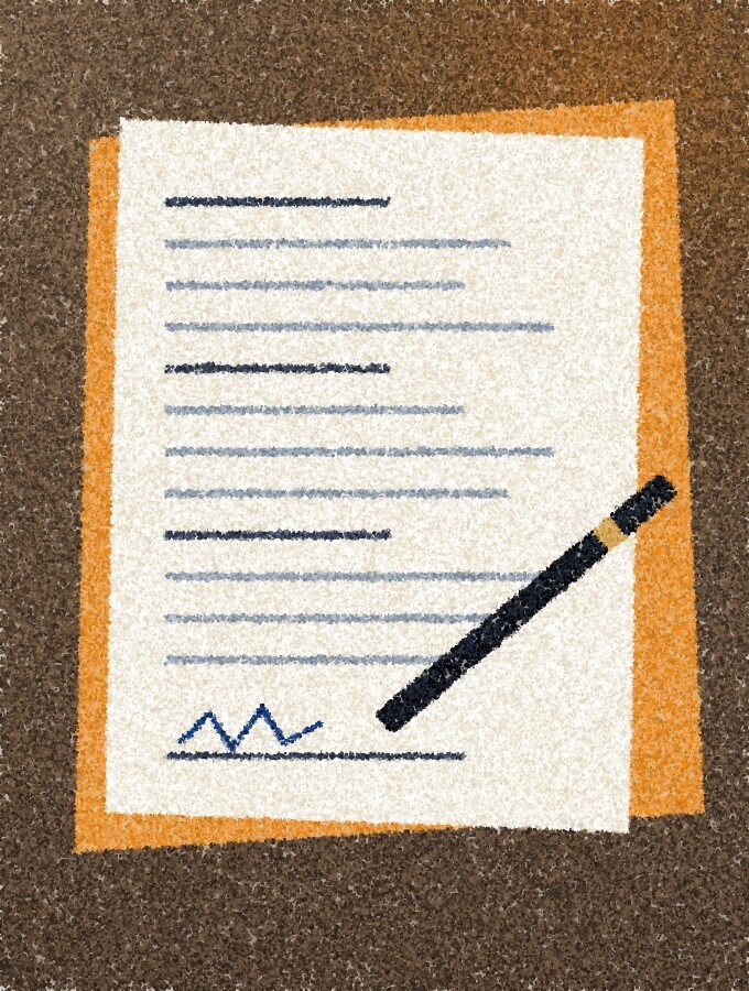 A pointillist illustration: a signed contract on an amber folder with a pen resting across the signature line.