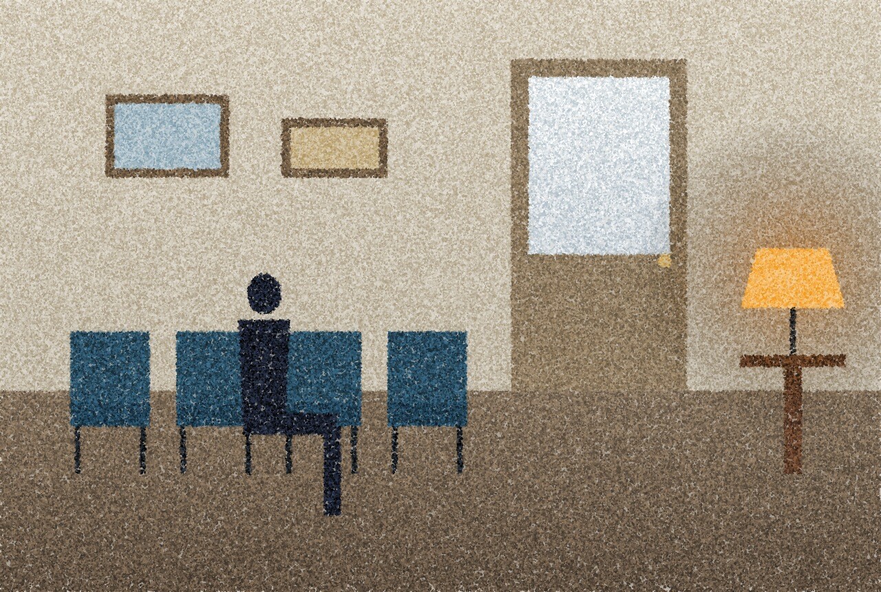 A pointillist illustration: an office waiting room with a row of blue chairs, one person waiting, a frosted glass door and an amber table lamp.