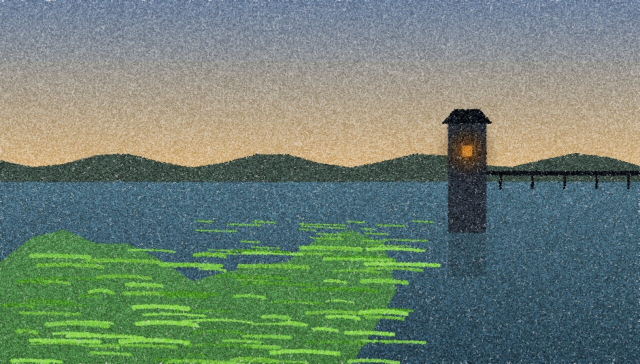 A pointillist illustration: a lake at dusk with a bright green scum spreading from the shore, a water intake tower standing in the middle distance with one amber light.