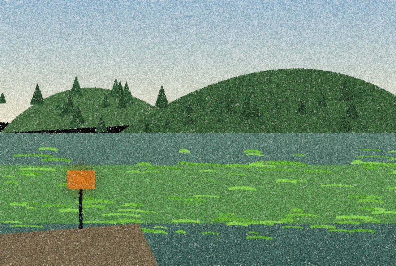 A pointillist illustration: a quiet reservoir between forested hills in summer, a green bloom spreading across the water and a small amber warning sign on the shore.