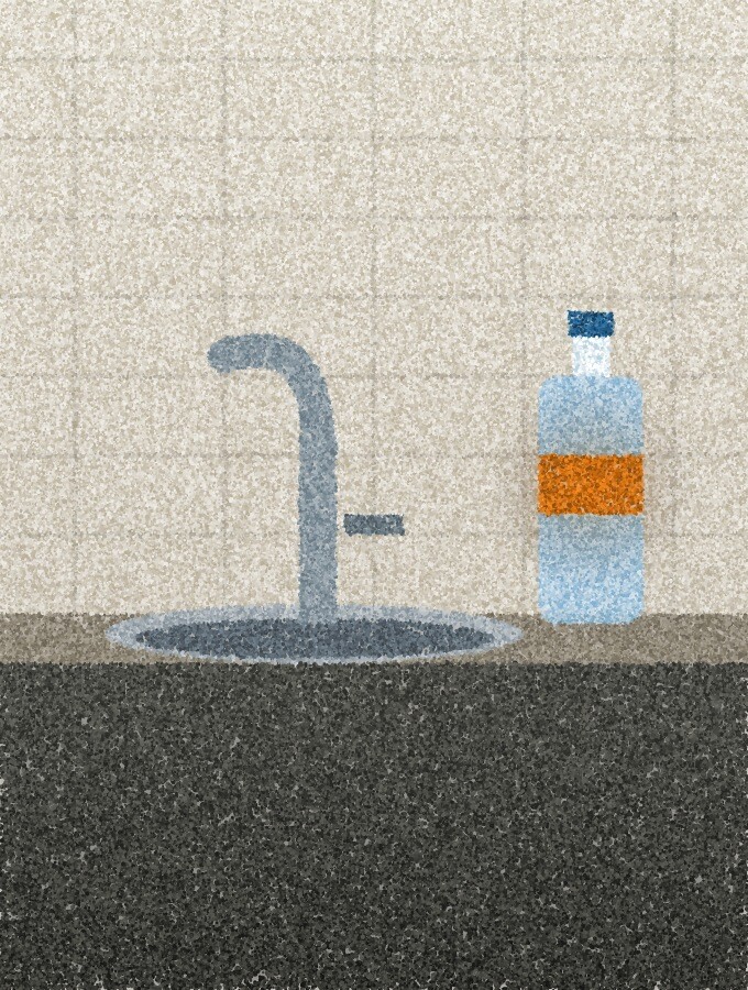A pointillist illustration: a kitchen tap over a steel sink with a sealed plastic water bottle beside it, a small amber label on the bottle.