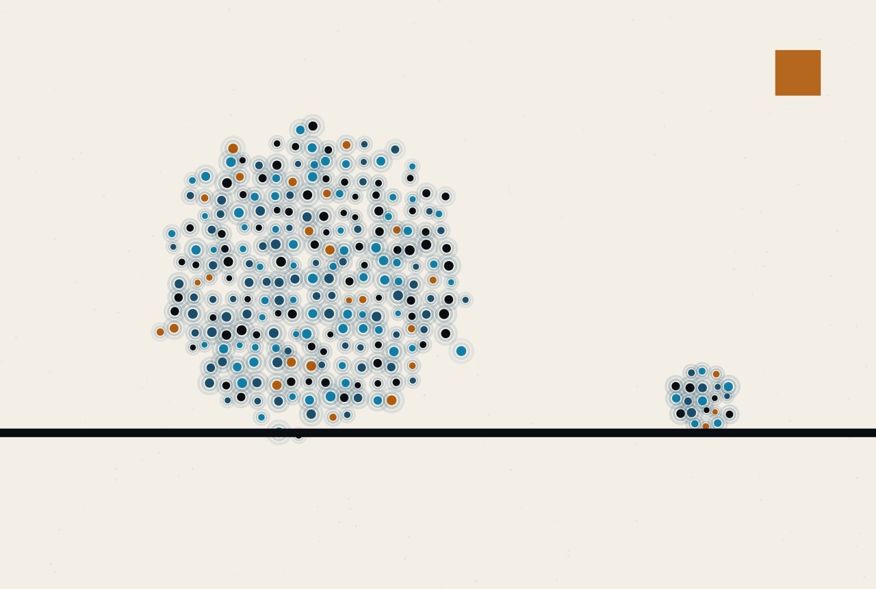 Abstract composition in dots and ruled lines: one very large sphere of dots resting on a horizon rule, with a much smaller sphere of the same kind beside it.