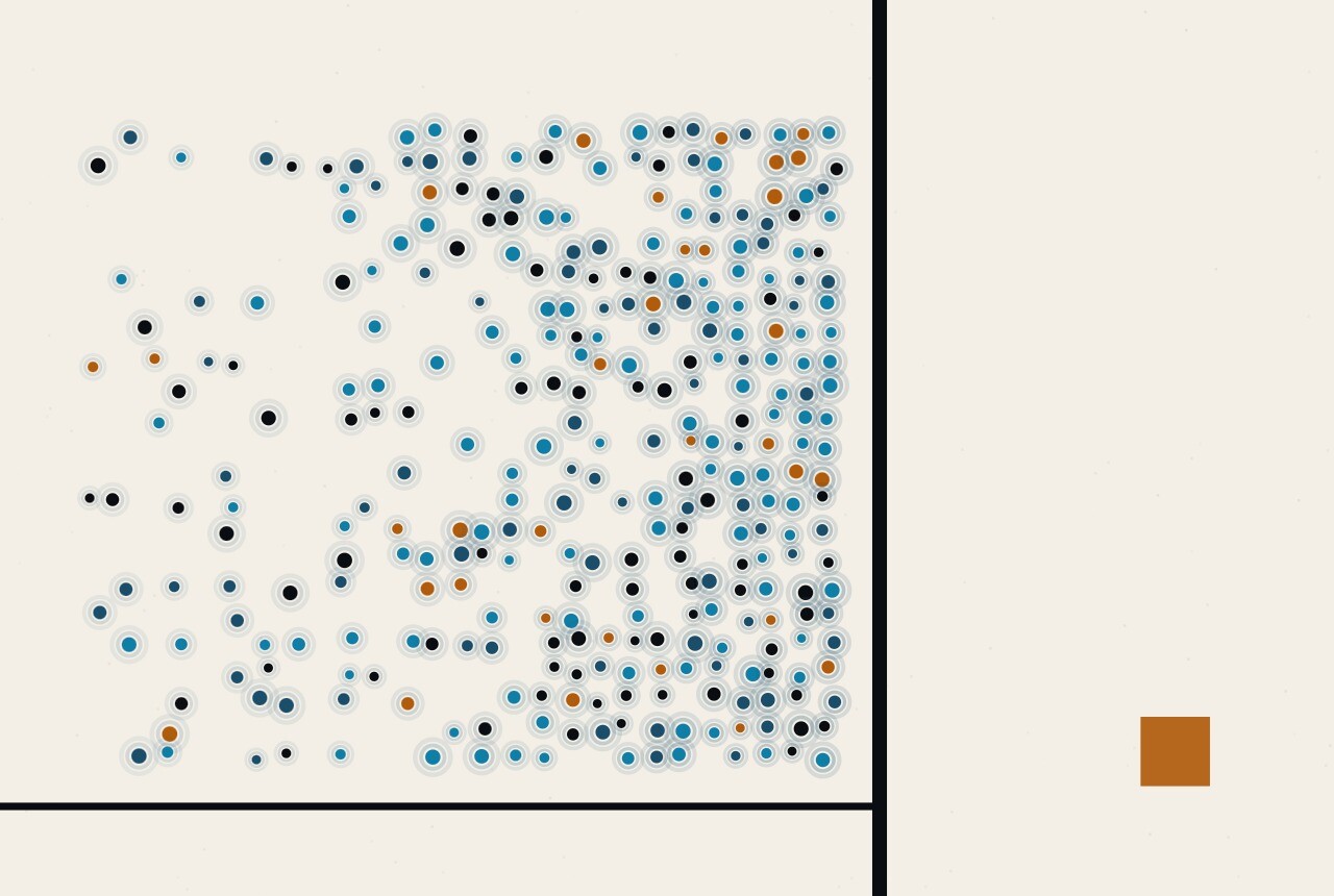 Abstract composition: a field of dots growing steadily denser from left to right until it meets a heavy vertical rule, with nothing beyond it.