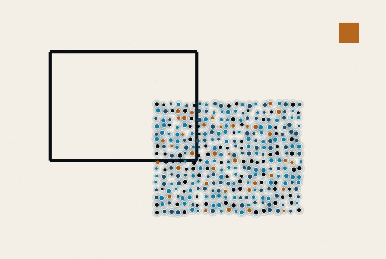 Abstract composition: a solid rectangle of dots displaced a short distance from the empty rectangular outline it should be sitting inside.
