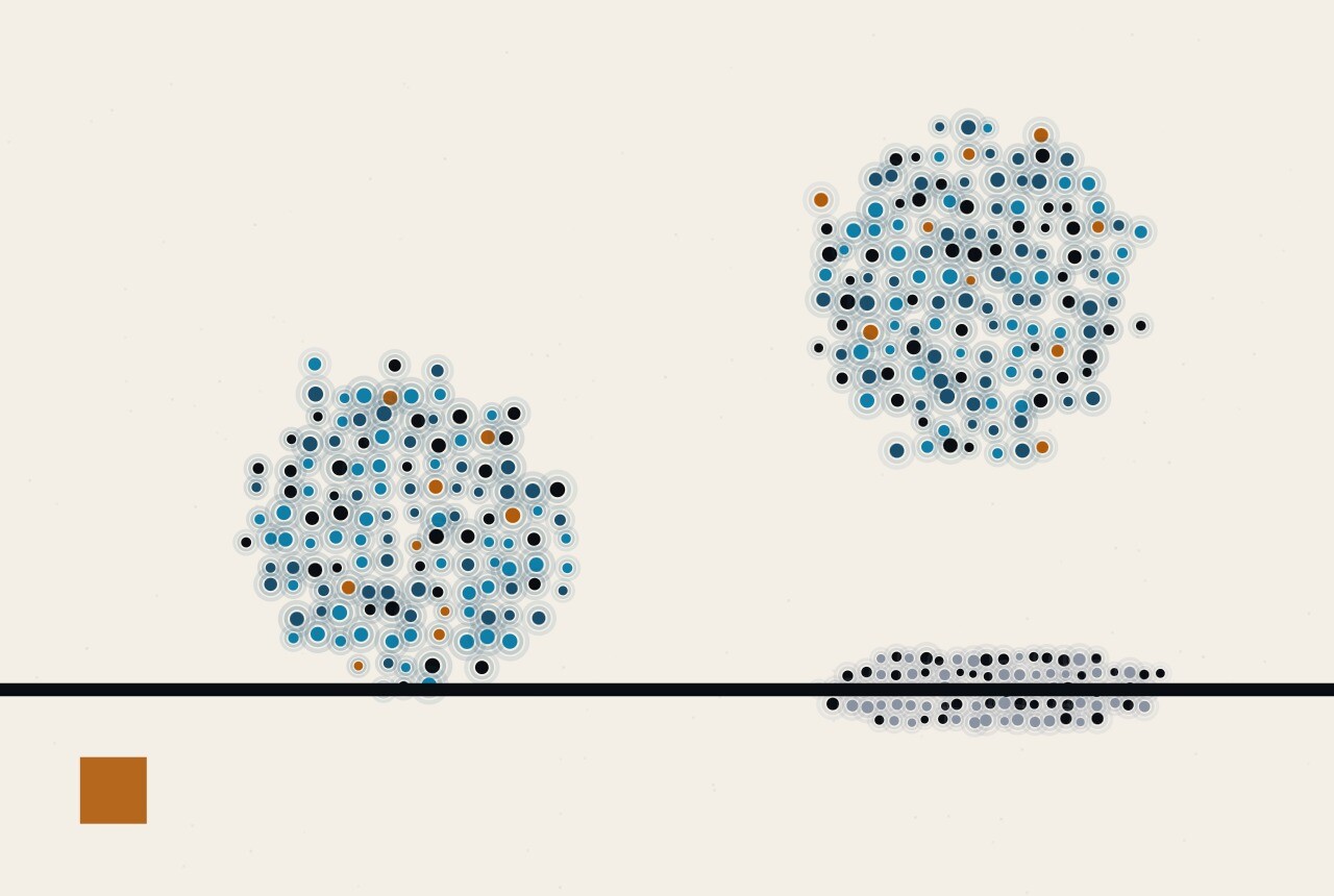 Abstract composition in dots and ruled lines: two spheres of dots of the same size, one resting on a horizon rule and one floating just above it with its elliptical shadow offset to one side.