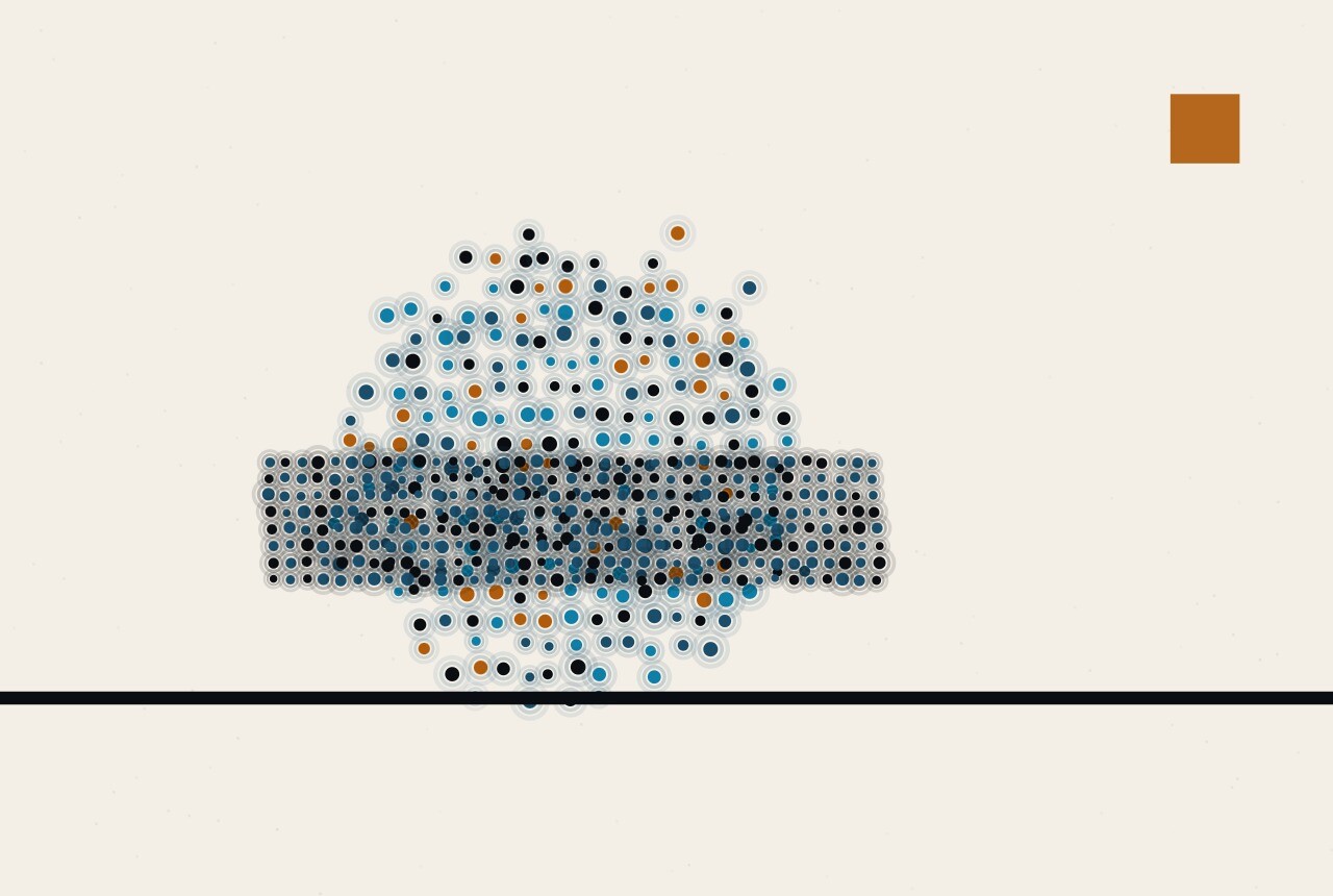 Abstract composition: a sphere of dots resting on a horizon rule, with a dense narrow band of dots wrapped around the point where the sphere meets the line.