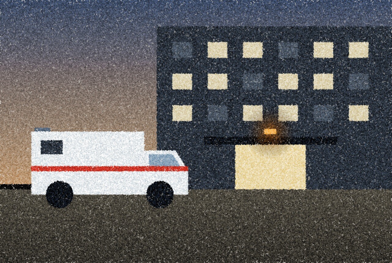 A pointillist illustration: an ambulance parked outside a hospital entrance at dusk, its rear doors closed and a single amber light glowing above the door.
