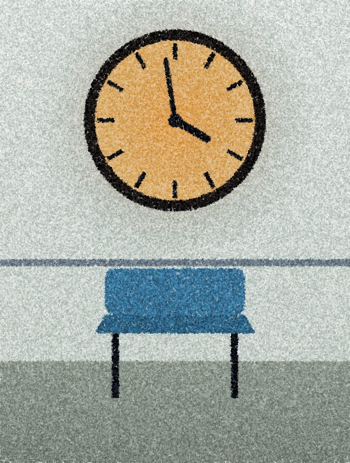 A pointillist illustration: a wall clock in a hospital corridor above an empty plastic chair, the clock face lit amber.