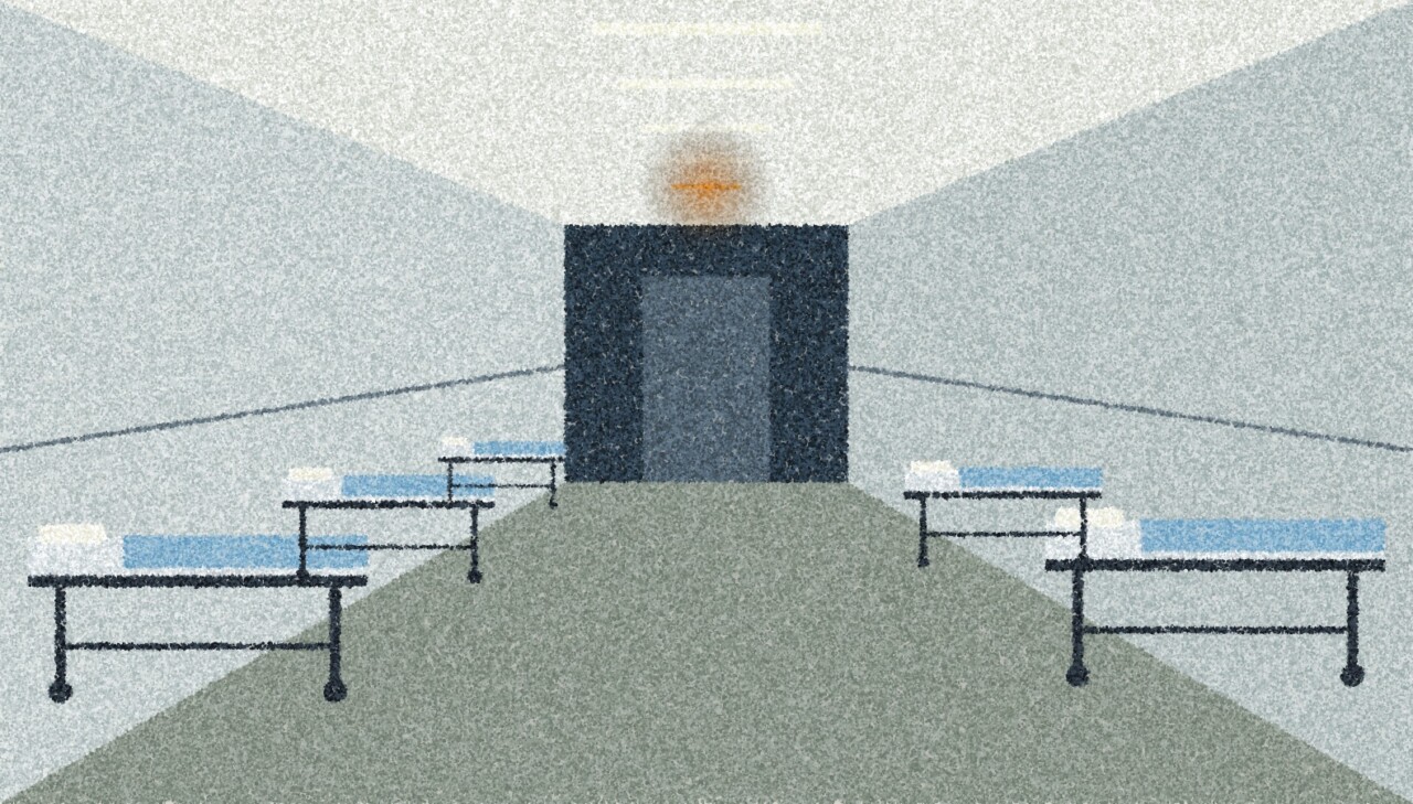 A pointillist illustration: a hospital corridor at night lined with empty trolleys under strip lights, one trolley lit by an amber lamp at the far end.