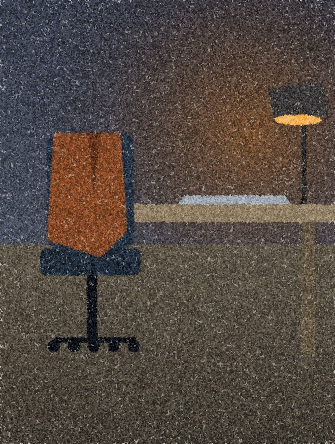 A pointillist illustration: a single office chair pushed back from a desk, a closed laptop and a coat still hanging on the chair, lit by a tall amber lamp.