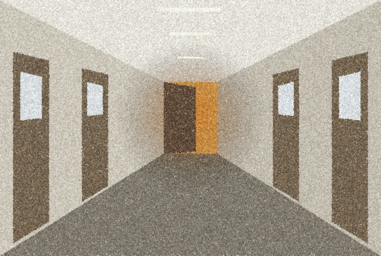 A pointillist illustration: a long corridor of closed office doors with frosted glass, one door at the end slightly open with warm amber light spilling out.