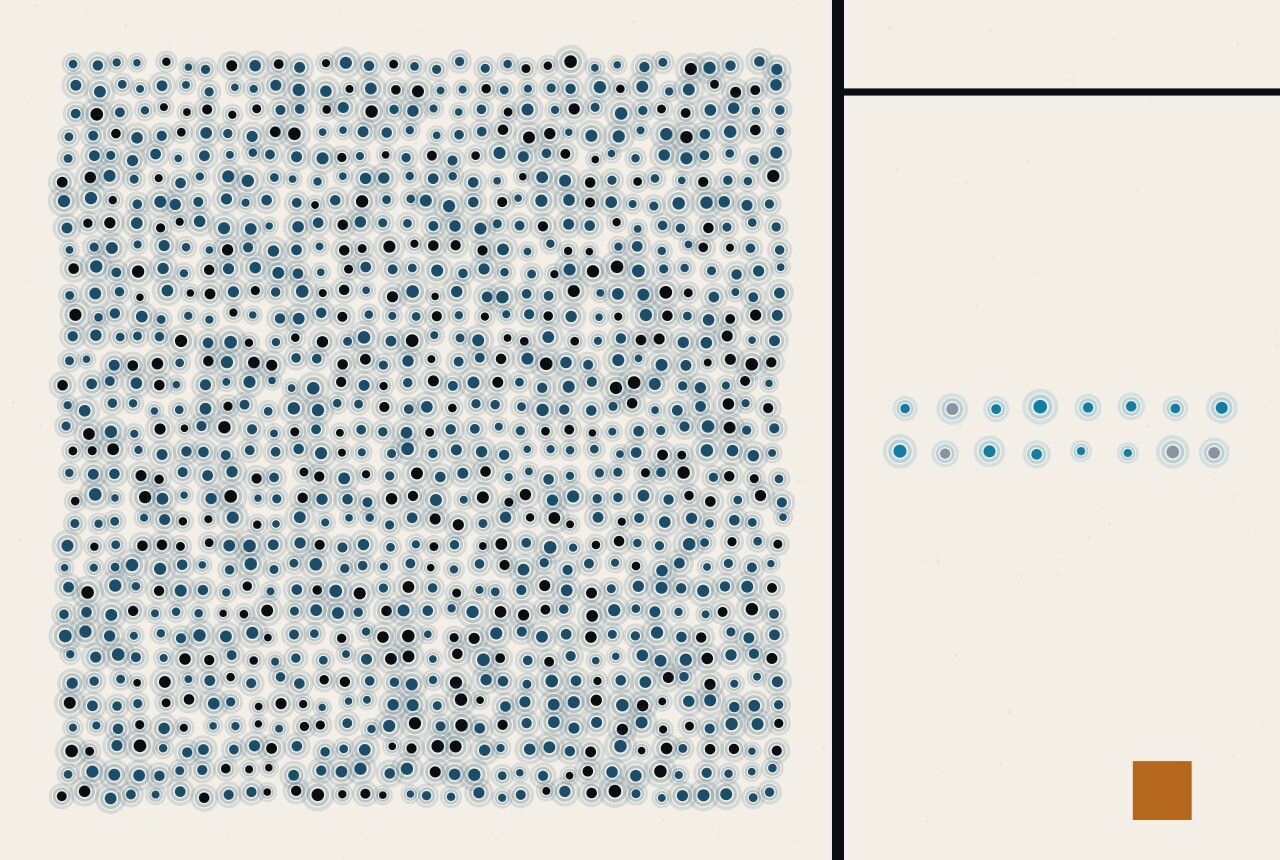 Abstract composition of dots and ruled lines: one very large dense block and, separated by a rule, a single sparse row of dots held at a constant spacing.