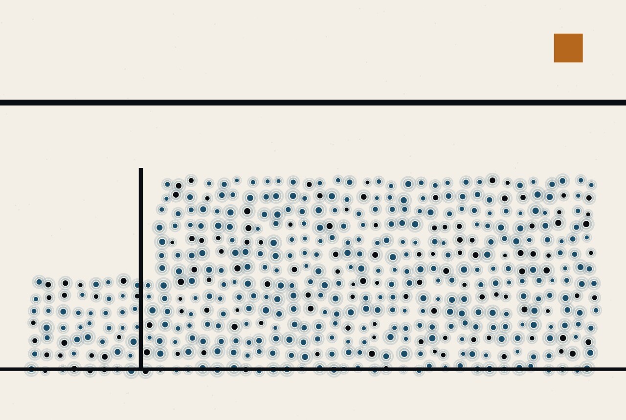Abstract composition: a column of dots rising by one short step and then continuing flat across the frame beneath a long horizontal rule.