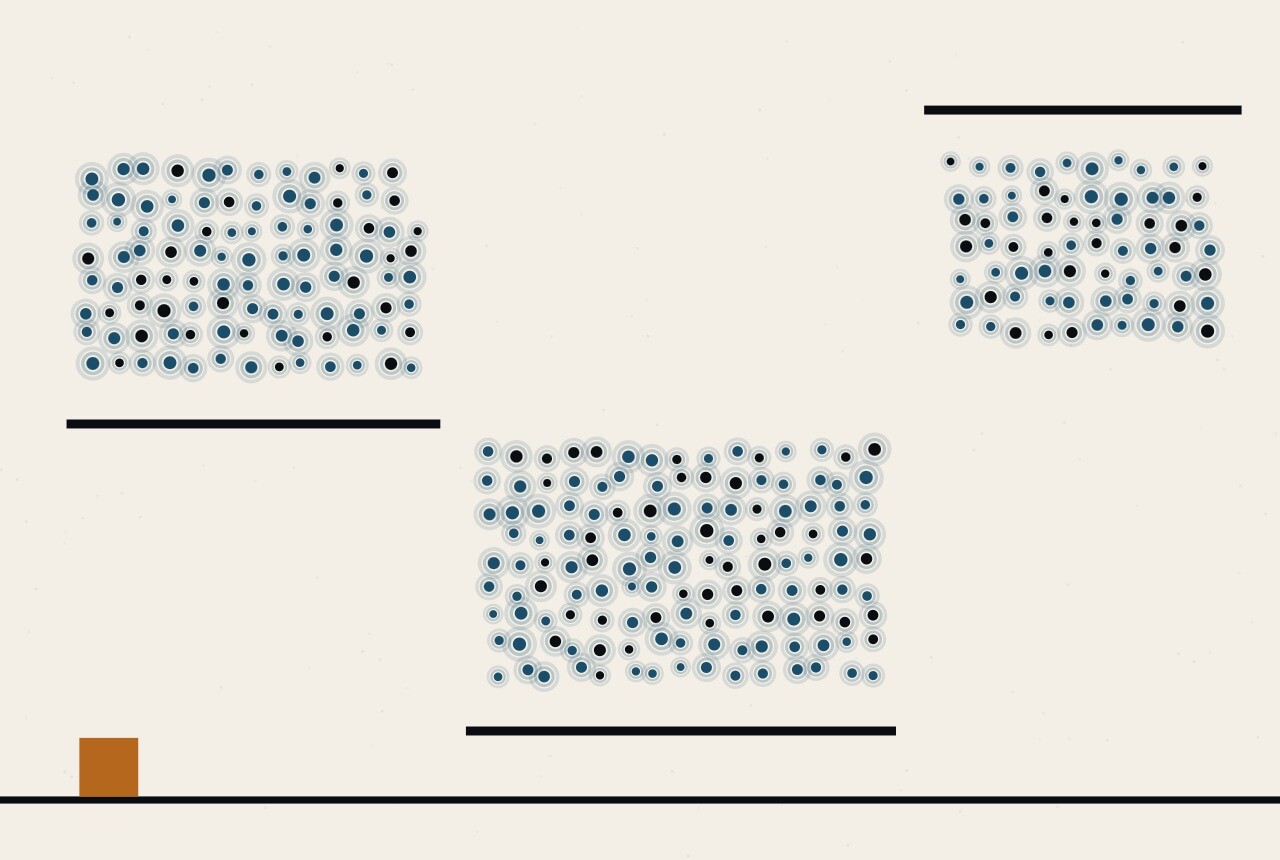 Abstract composition: three separate clusters of dots at different positions across the frame, each with its own short ruled line, none of them aligned.