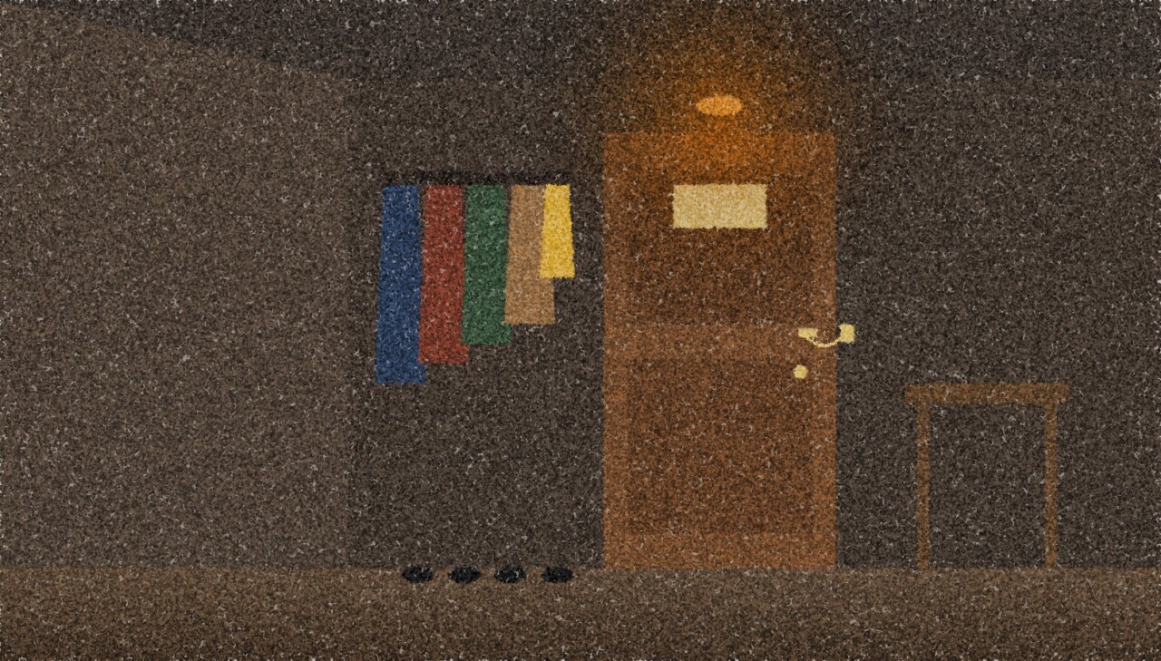 A pointillist illustration: the hallway of a family house at night, a row of coats on hooks, a closed front door and a single amber light over the door.