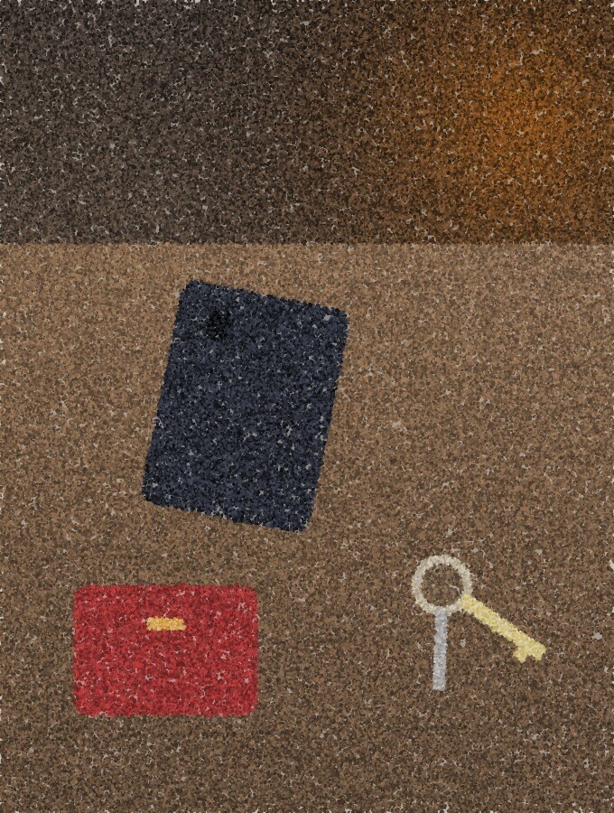 A pointillist illustration: a mobile phone lying face-down on a kitchen table beside a single set of keys and a small purse, lit by a low amber lamp.
