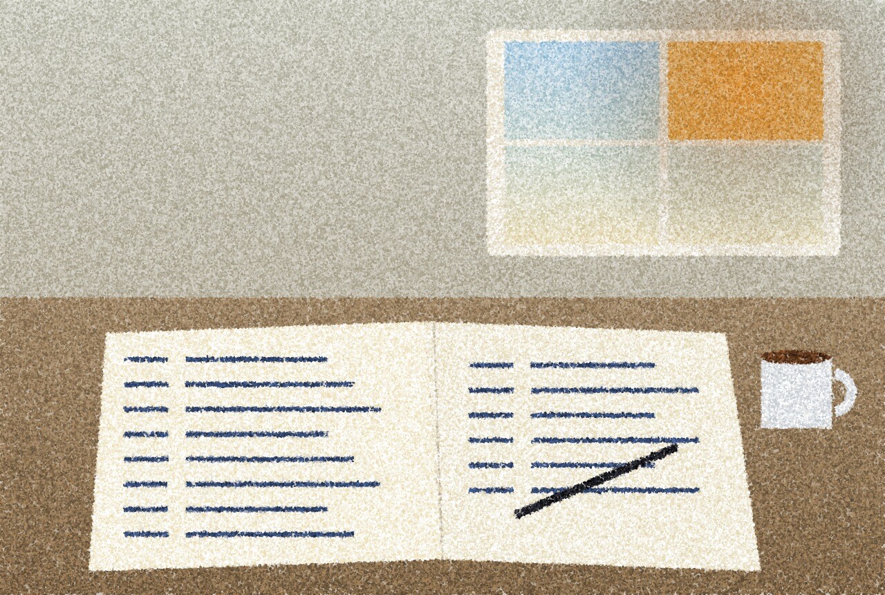 A pointillist illustration: a small kitchen table with a notebook open to handwritten dated entries, a pen and a mug, lit by morning light through a window with one amber pane.