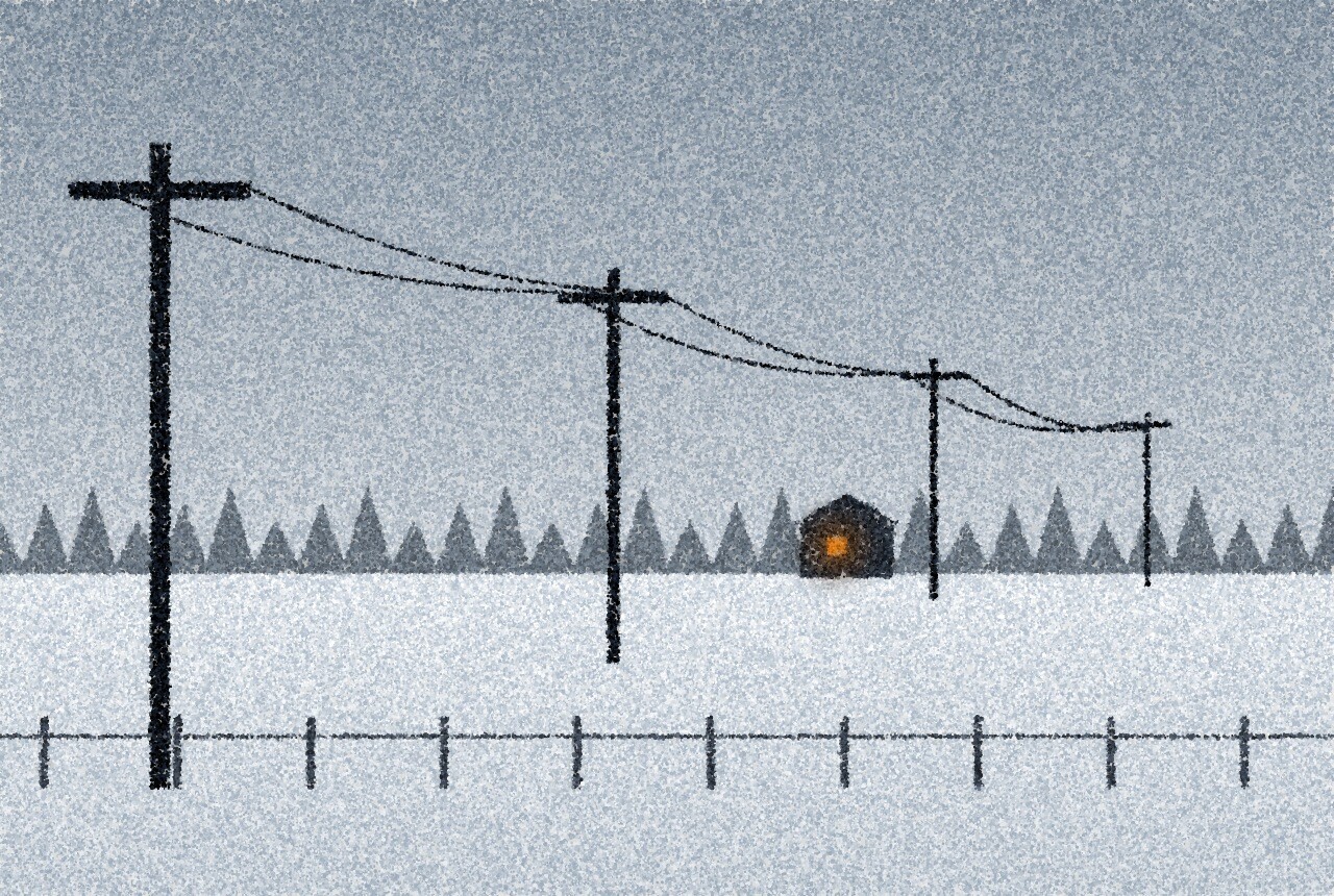 A pointillist illustration: power lines and poles stretching across a frozen field under a grey sky, a single farmhouse window glowing amber in the distance.