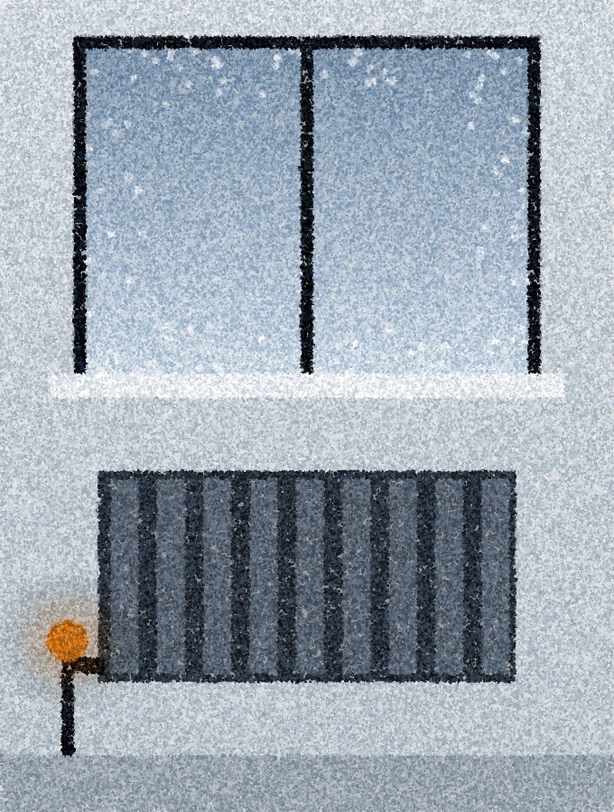 A pointillist illustration: a frosted window above a cold grey radiator, a single amber valve glowing at its side.
