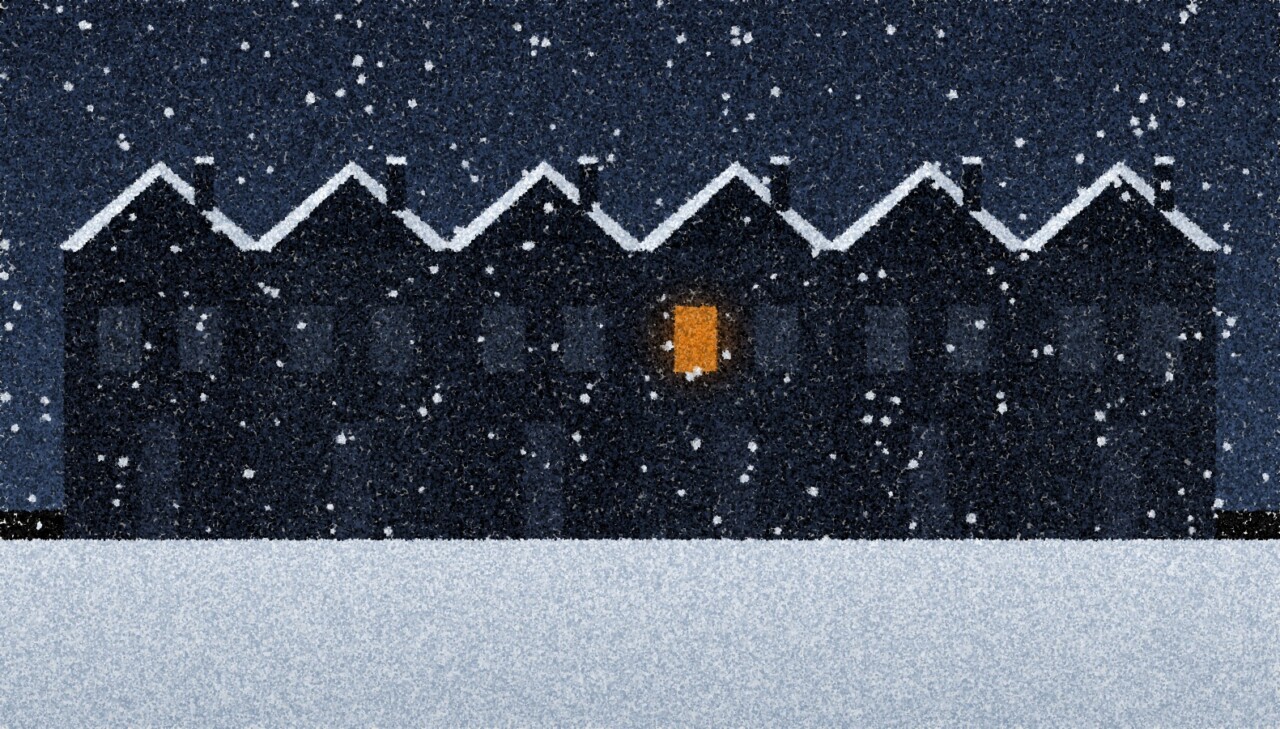 A pointillist illustration: a terrace of dark houses under snow at night, snow falling, a single window glowing amber.