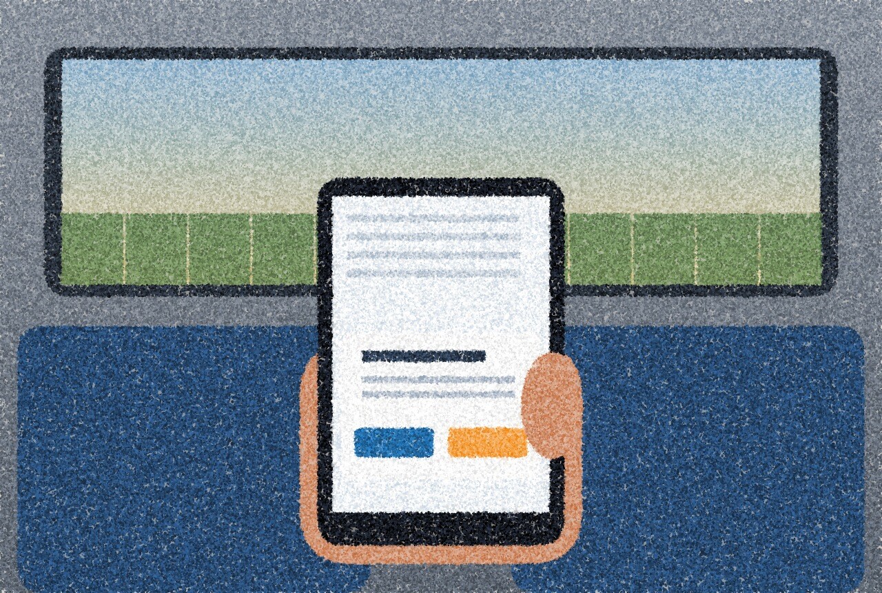A pointillist illustration: a smartphone held in a hand on a train, its screen showing a pop-up with two buttons of equal size, one blue and one amber.