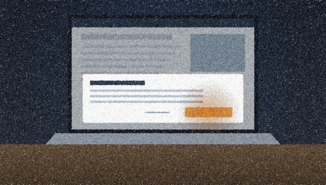 A pointillist illustration: a large laptop screen on a desk at night showing a web page half covered by a pop-up with one bright amber button and a small grey link beside it.