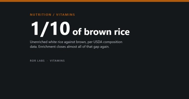 Dark cover tile reading NUTRITION / VITAMINS, then 1/10 of brown rice, over a note that unenriched white rice holds about a tenth of the thiamin of brown rice.