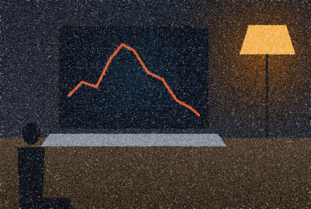 A pointillist illustration: a person in a dark room facing a laptop whose price line rises to a peak and then falls, an amber floor lamp behind.
