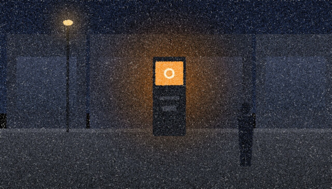 A pointillist illustration: a city street at night with a glowing amber cryptocurrency kiosk between dark shopfronts, a streetlamp and one passer-by.