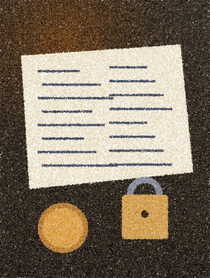 A pointillist illustration: a notebook page of handwritten lines beside a plain coin and a small padlock, lit by warm amber light.