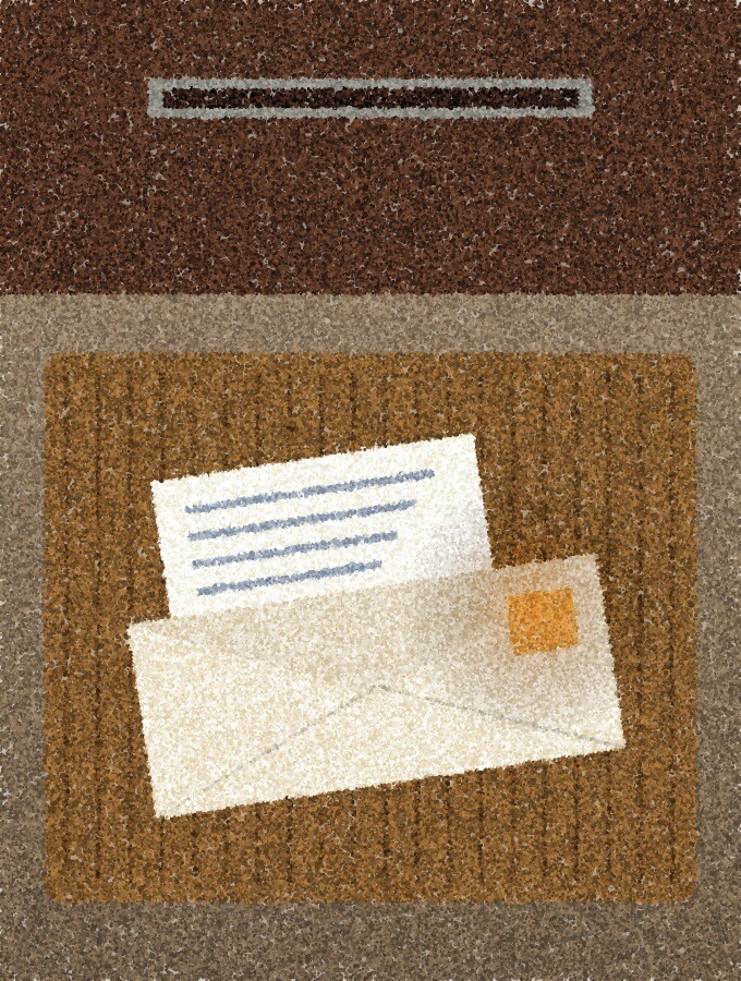 A pointillist illustration: an opened envelope on a doormat with a folded letter half out of it, a small amber stamp in the corner.